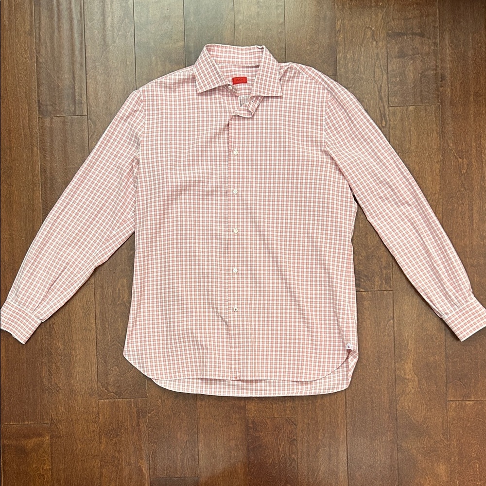Isaia Pink Plaid Pattern Dress Shirt, Italian Luxury, Size 17/43 (XL)